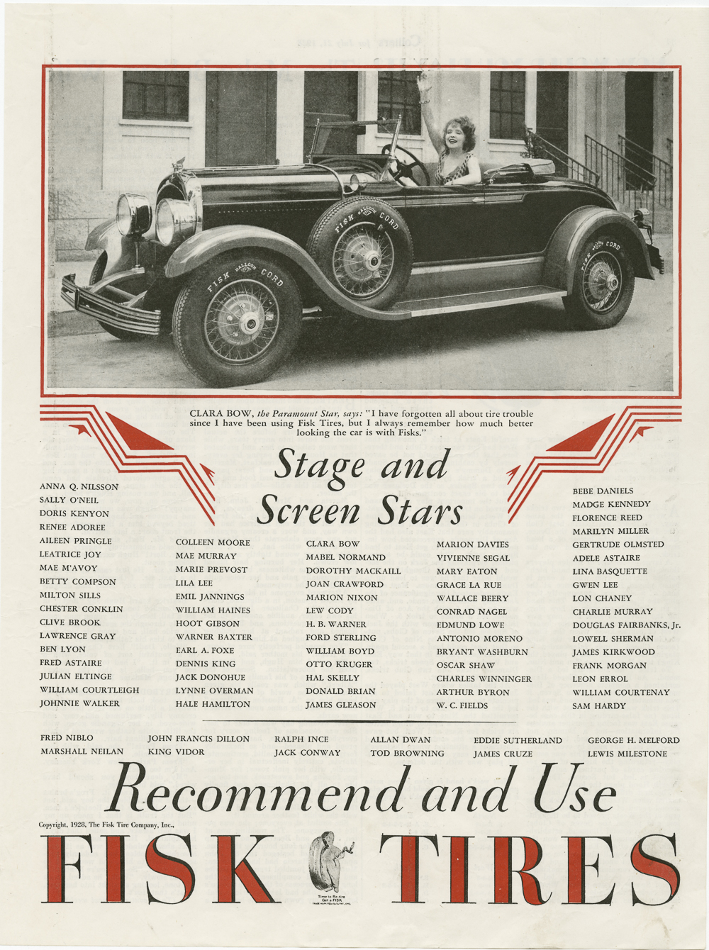 Fisk Tire Company Print Ad - Stage and Screen Star Clara Bow ...
