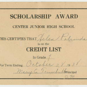 Scholarship Award for Term Ending October 28, 1938 for Helen Polioudakis