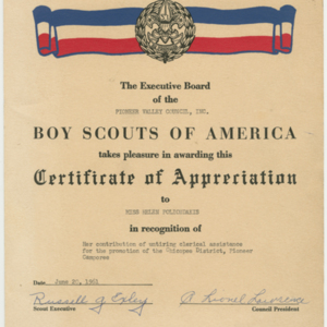 Boy Scouts of America Certificate of Appreciation to Helen Polioudakis