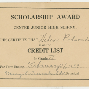 Scholarship Award for Term Ending February 17, 1938 for Helen Polioudakis