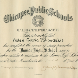 Chicopee Junior High School Certificate for Helen Polioudakis