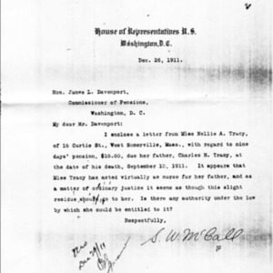Hon. S.W. McCall&#039;s Letter to Hon. James L. Davenport