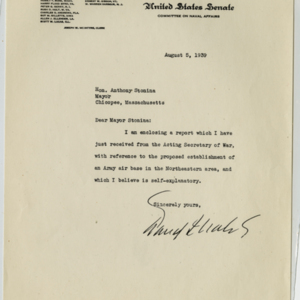 Correspondence to and from Washington D.C. Concerning the Prospect of a Chicopee Air Base