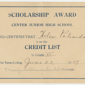 Scholarship Award for Term Ending June 23, 1939 for Helen Polioudakis