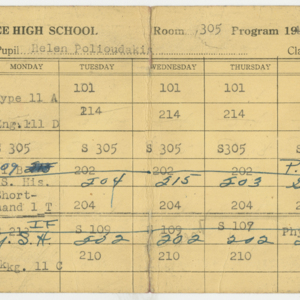Chicopee High School Class Scheduling Card (1942 - 1943) for Helen Polioudakis
