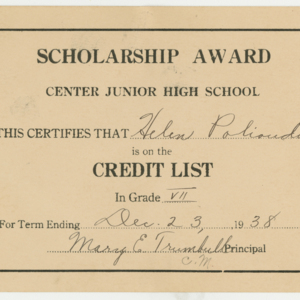 Scholarship Award for Term Ending December 23, 1938 for Helen Polioudakis