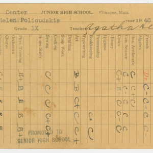 Chicopee Junior High School Report Card (1940 - 1941) for Helen Polioudakis