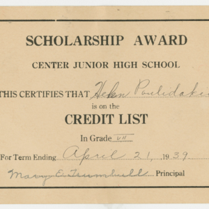 Scholarship Award for Term Ending April 21, 1939 for Helen Polioudakis