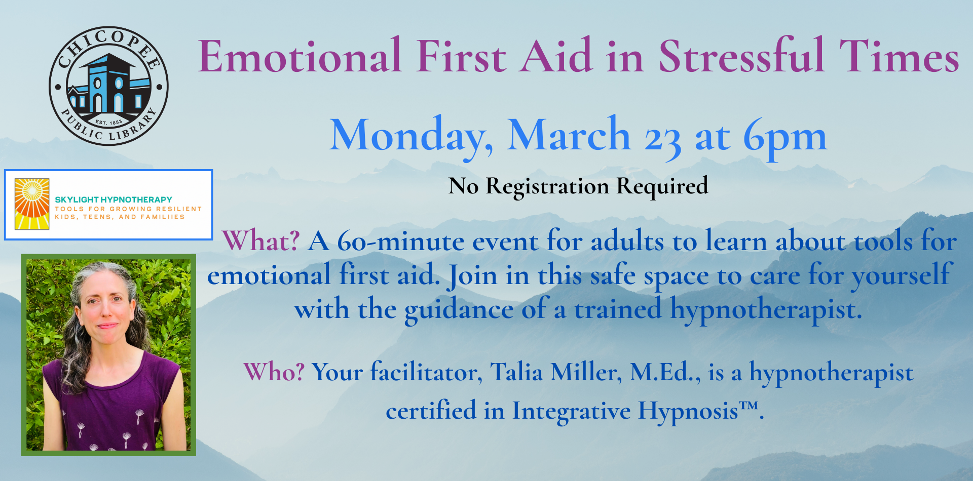 Join us for a free workshop on emotional first aid in stressful times on March 23 at 6pm.