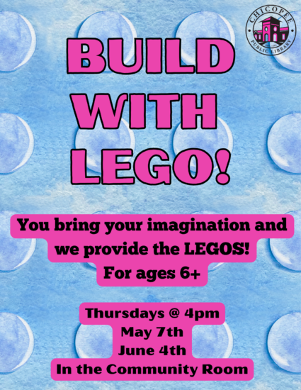 build with lego! You bring your imagination and we provide the LEGOS! For ages 6+ Thursdays at 4pm, May 7 and June 4 in the Community Room