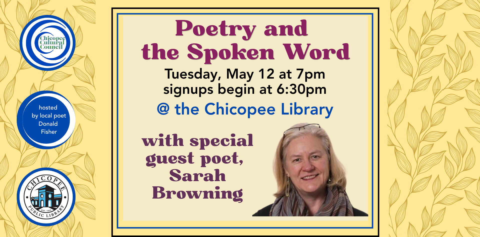 Join us for poetry and the spoken word on Tuesday, May 12 at 7pm. Sign ups to read start at 6:30pm.