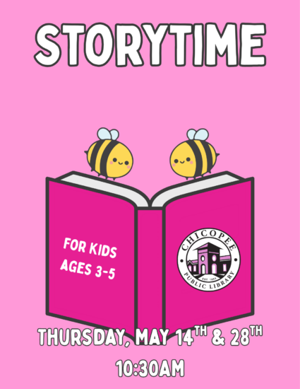 Storytime for kids ages 3-5 thursday, may 14 and 28 at 10:30am