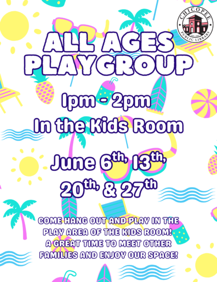 all ages playgroup 1-2pm in the kids room june 6, 13, 20 & 27. Come hang out and play in the play area of the kids room! A great time to meet other families and enjoy our space!
