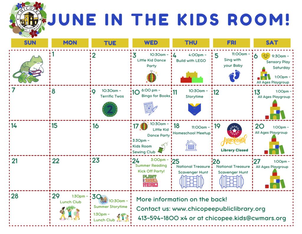 june in the kids room calendar. view the full events calenar here.