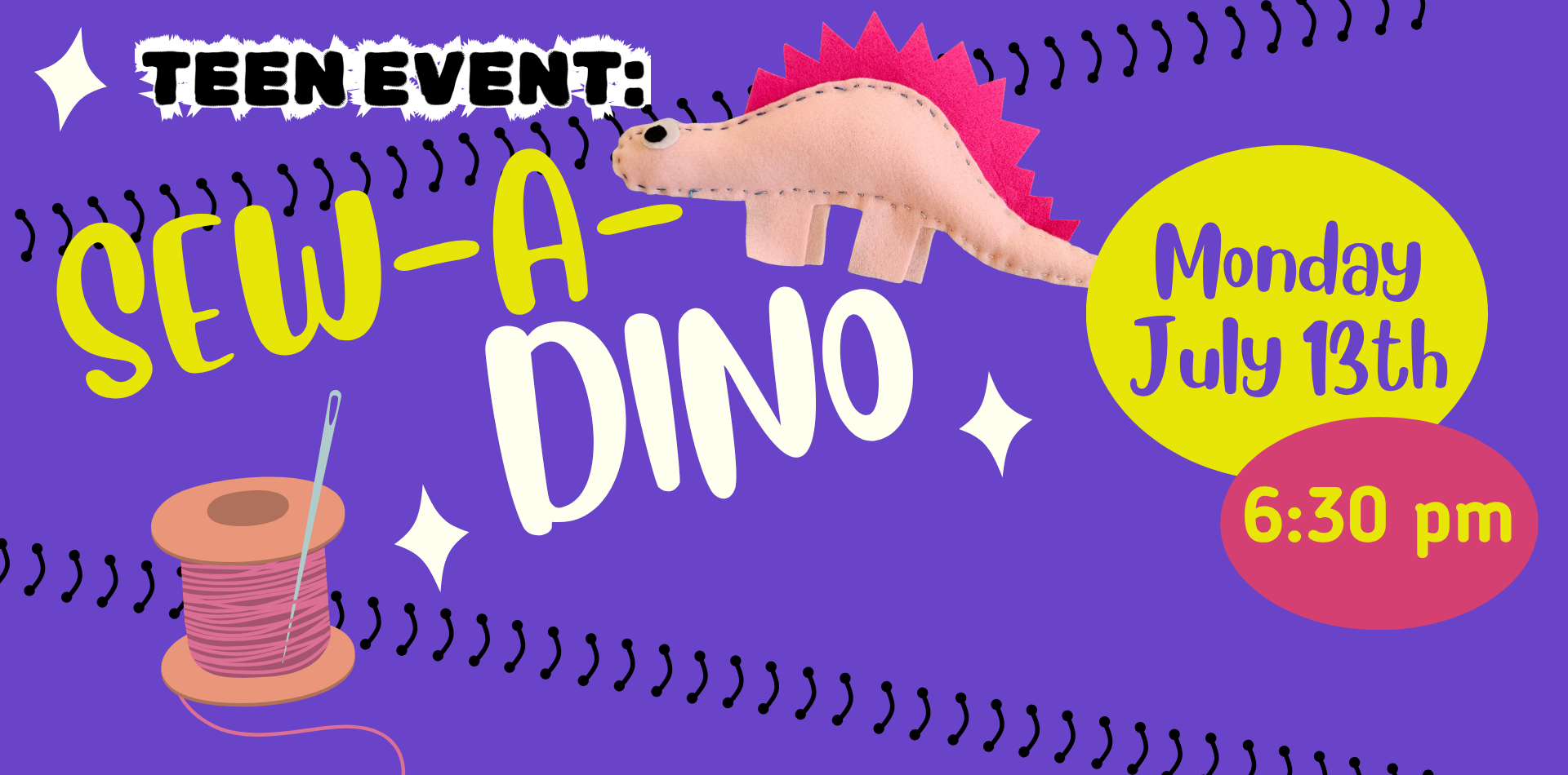 Teen event: Sew-A-Dino Monday July 13th at 6:30pm