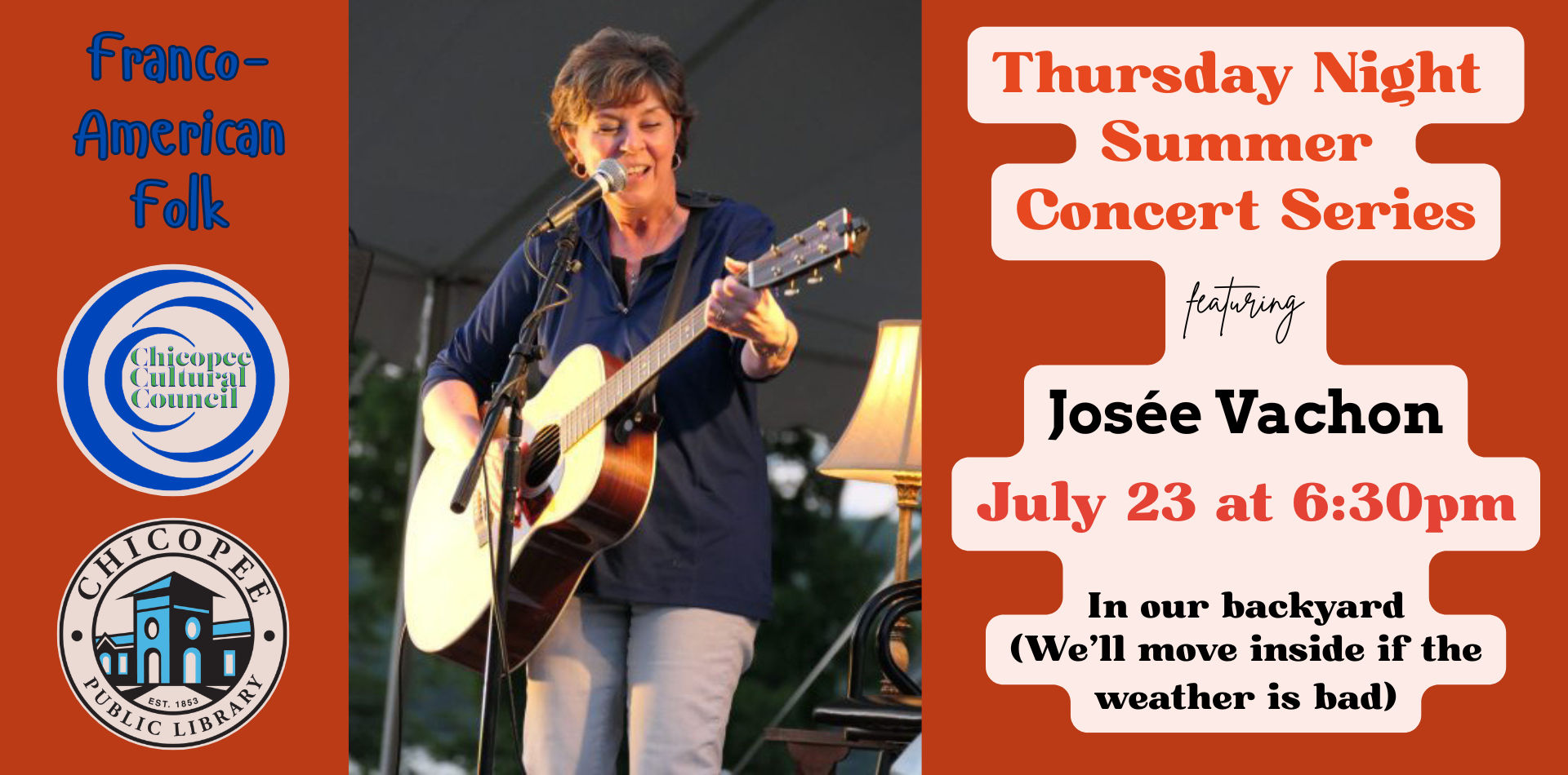 thursday night summer concert series featuring josee vachon July 23 at 6:30pm franco-american folk